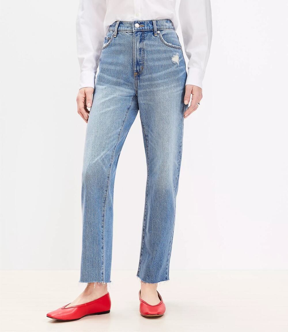 Ann Taylor LOFT The Straight High-Rise Raw Hem Light Wash Denim Jeans 8/29